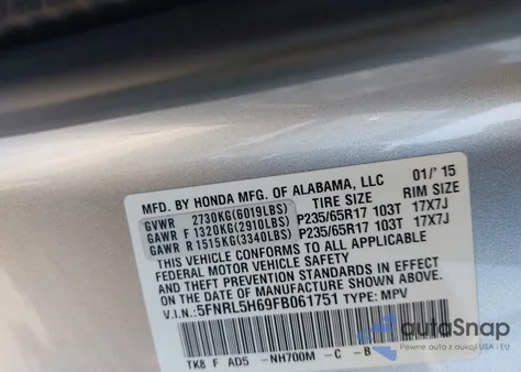 2015 Honda Odyssey Ex-L from USA, damaged, VIN 5FNRL5H69FB061751